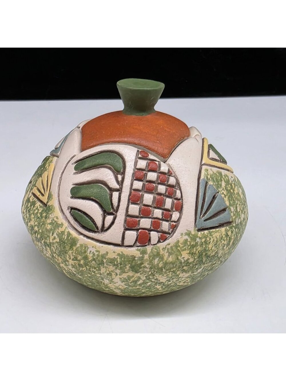 Geometric Ceramic Lidded Container Abstract Multicolor Textures Carved Handmade